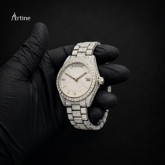 Iced Classic Day-Date Diamond Luxury Watch – Full Silver Finish | White Dial Edition