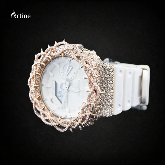 Iced Thorn Bezel Diamond Luxury Watch – White Strap | Rose Gold Finish