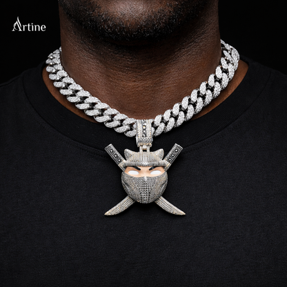 Fully Iced Ninja Mask Pendant with Cross Blades – Mens Hip Hop Pendant