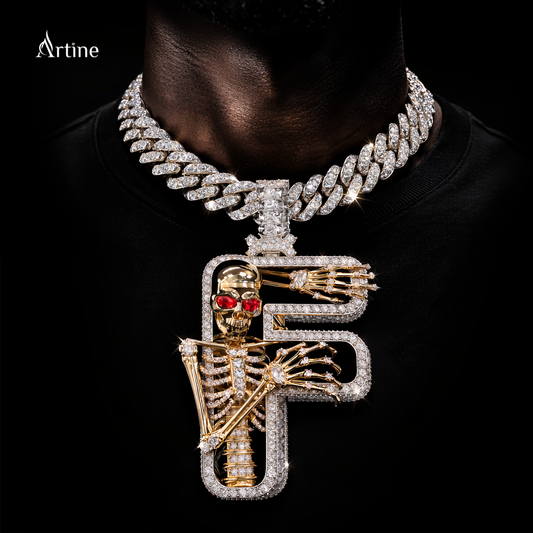 Iced Skull Serpent “F” Pendant – Red Ruby Eyes Hip Hop Diamond Letter Charm