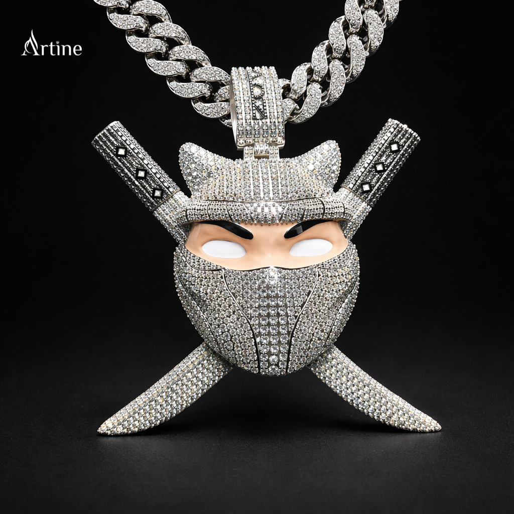 Fully Iced Ninja Mask Pendant with Cross Blades – Mens Hip Hop Pendant