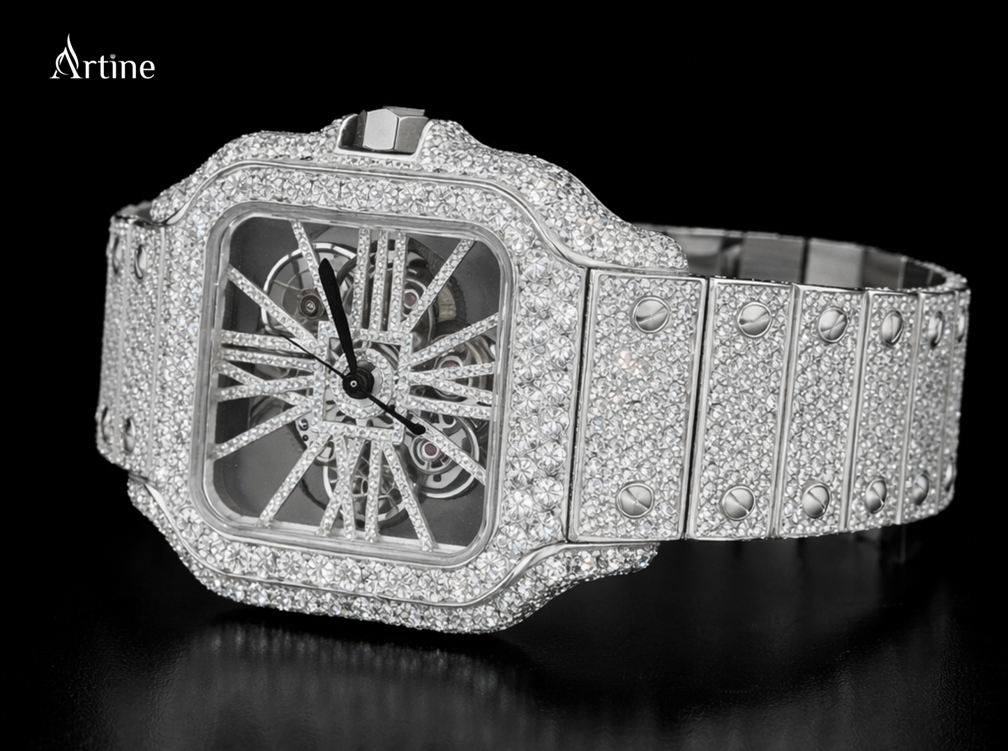Diamond-Studded Skeleton Luxury Timepiece on Black