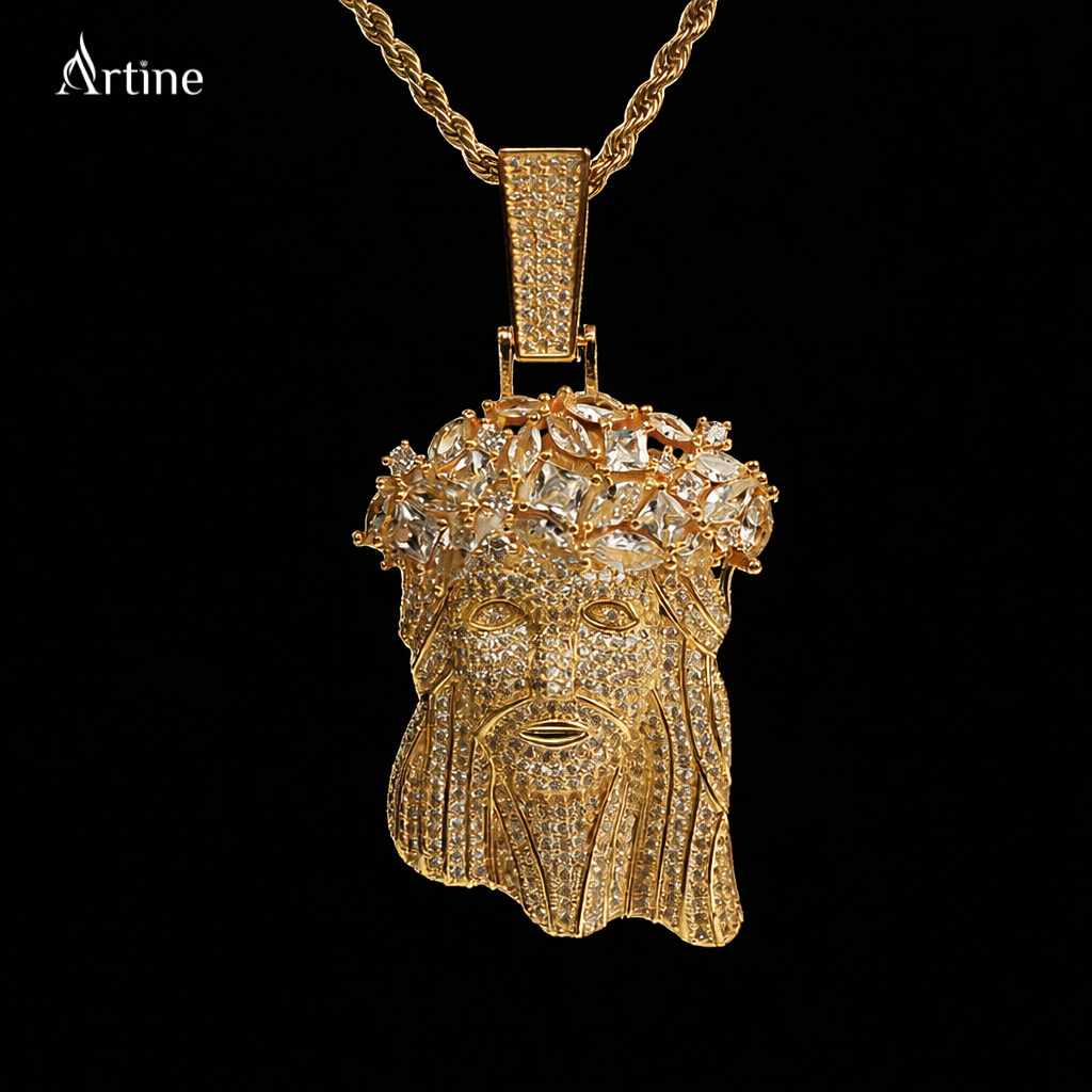 Iced Crowned King Face Pendant – Gold Finish Luxury Hip-Hop Charm