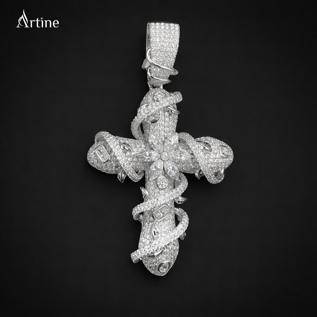 Iced Thorned Floral Cross Pendan