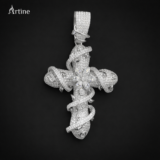 Iced Thorned Floral Cross Pendan