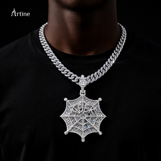 Hex Web Skull Iced Moissanite Pendant – 925 Silver Hip-Hop Luxury Statement Charm