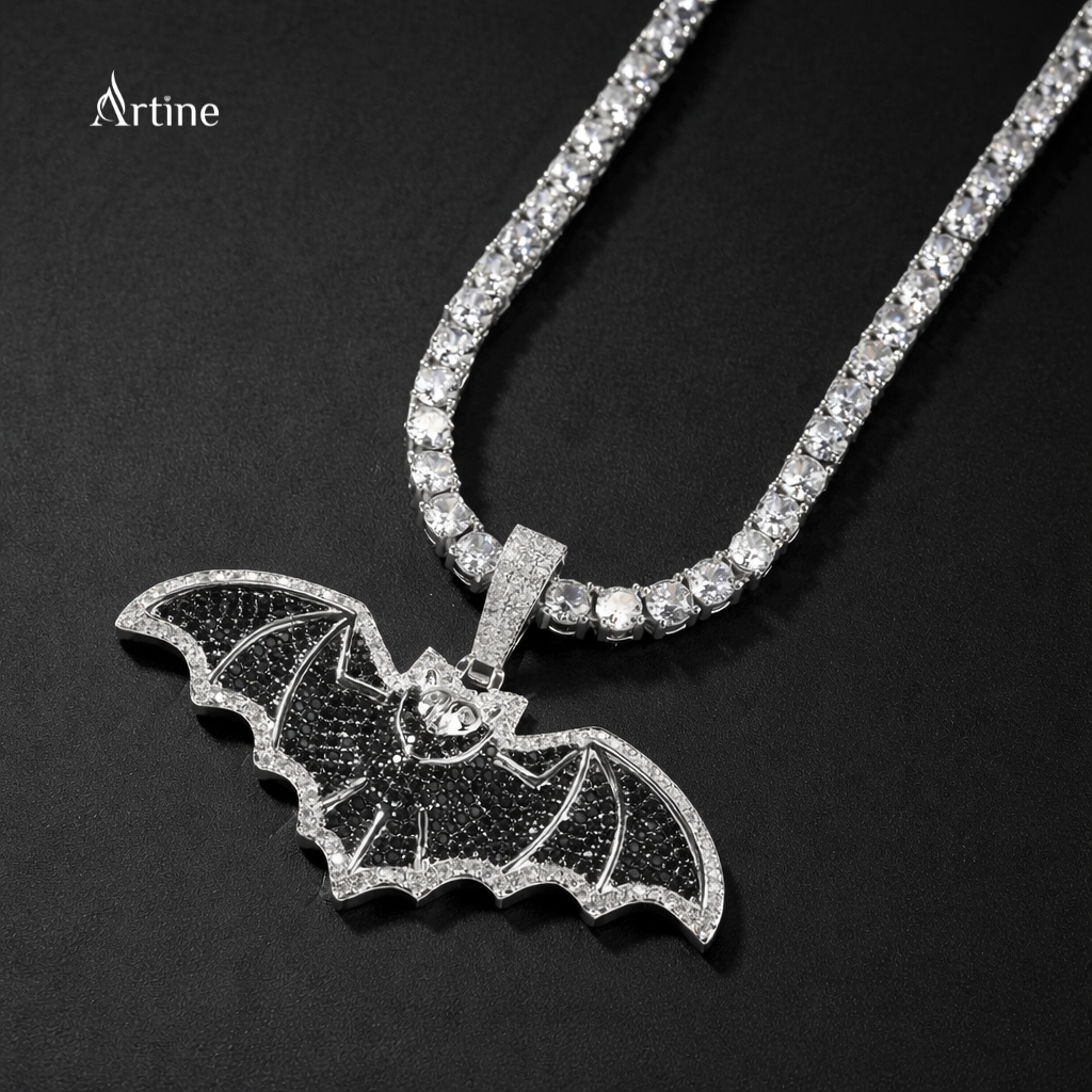 Midnight Bat Iced Pendant – Black & White Moissanite 925 Silver Hip-Hop Statement Charm