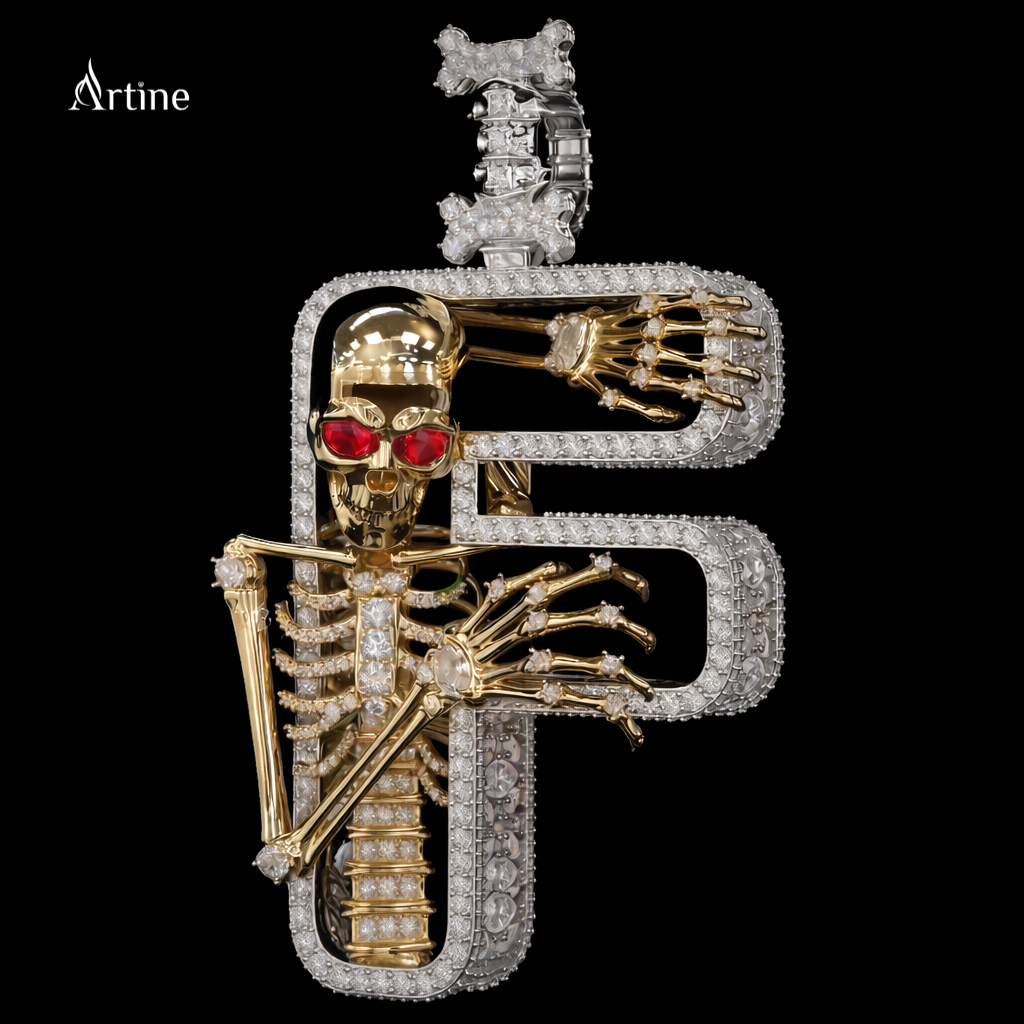 Iced Skull Serpent “F” Pendant – Red Ruby Eyes Hip Hop Diamond Letter Charm