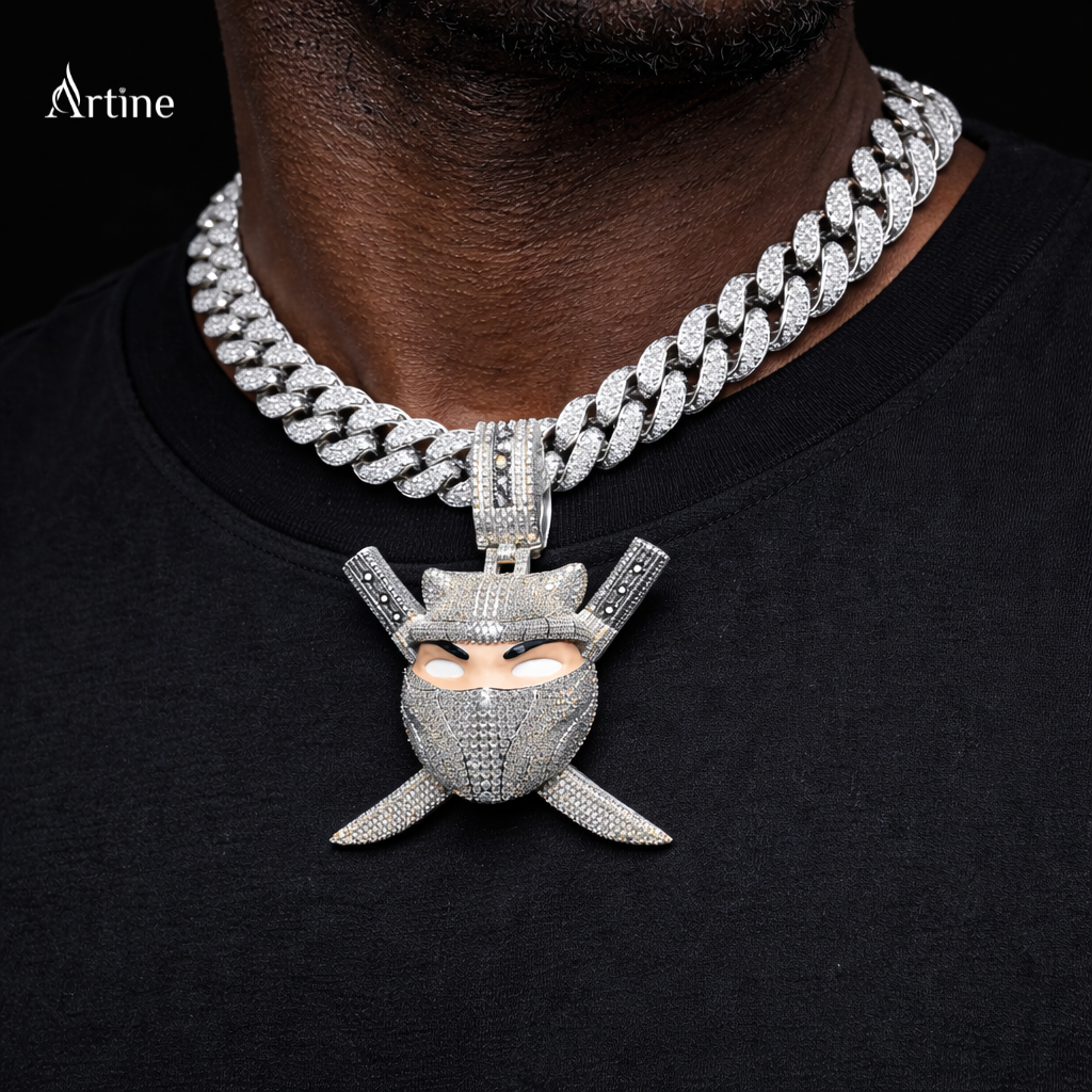 Fully Iced Ninja Mask Pendant with Cross Blades – Mens Hip Hop Pendant