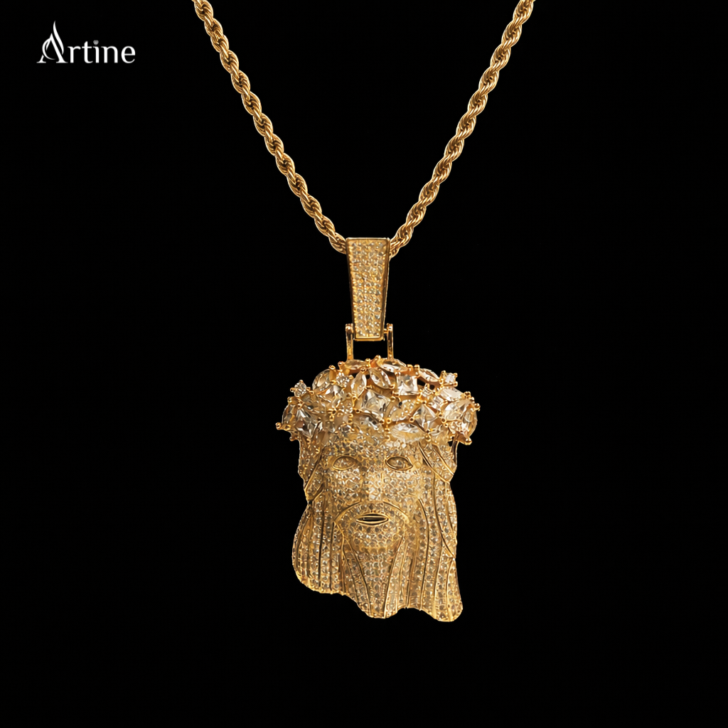 Iced Crowned King Face Pendant – Gold Finish Luxury Hip-Hop Charm