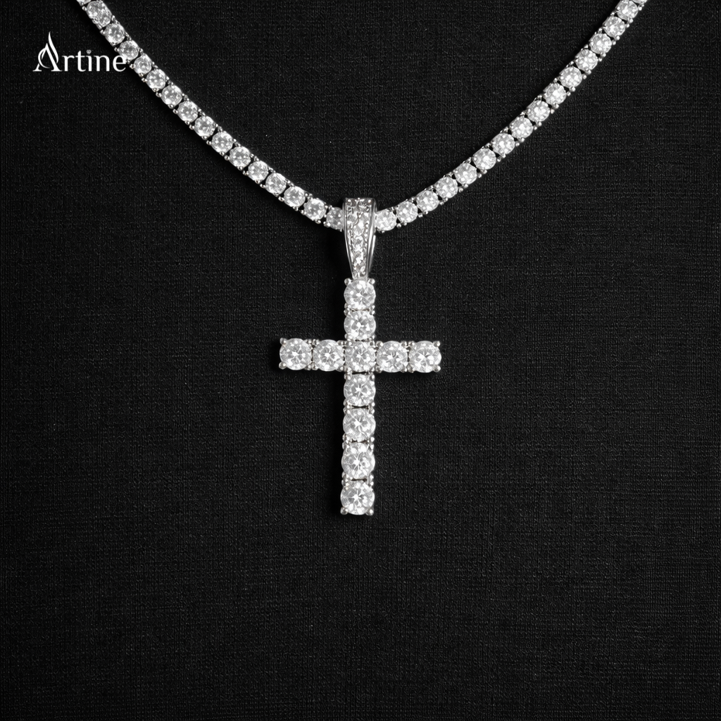 Iced Diamond Cross Tennis Chain Necklace