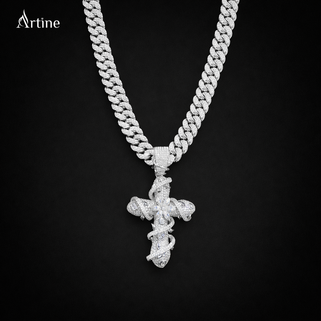 Iced Thorned Floral Cross Pendan