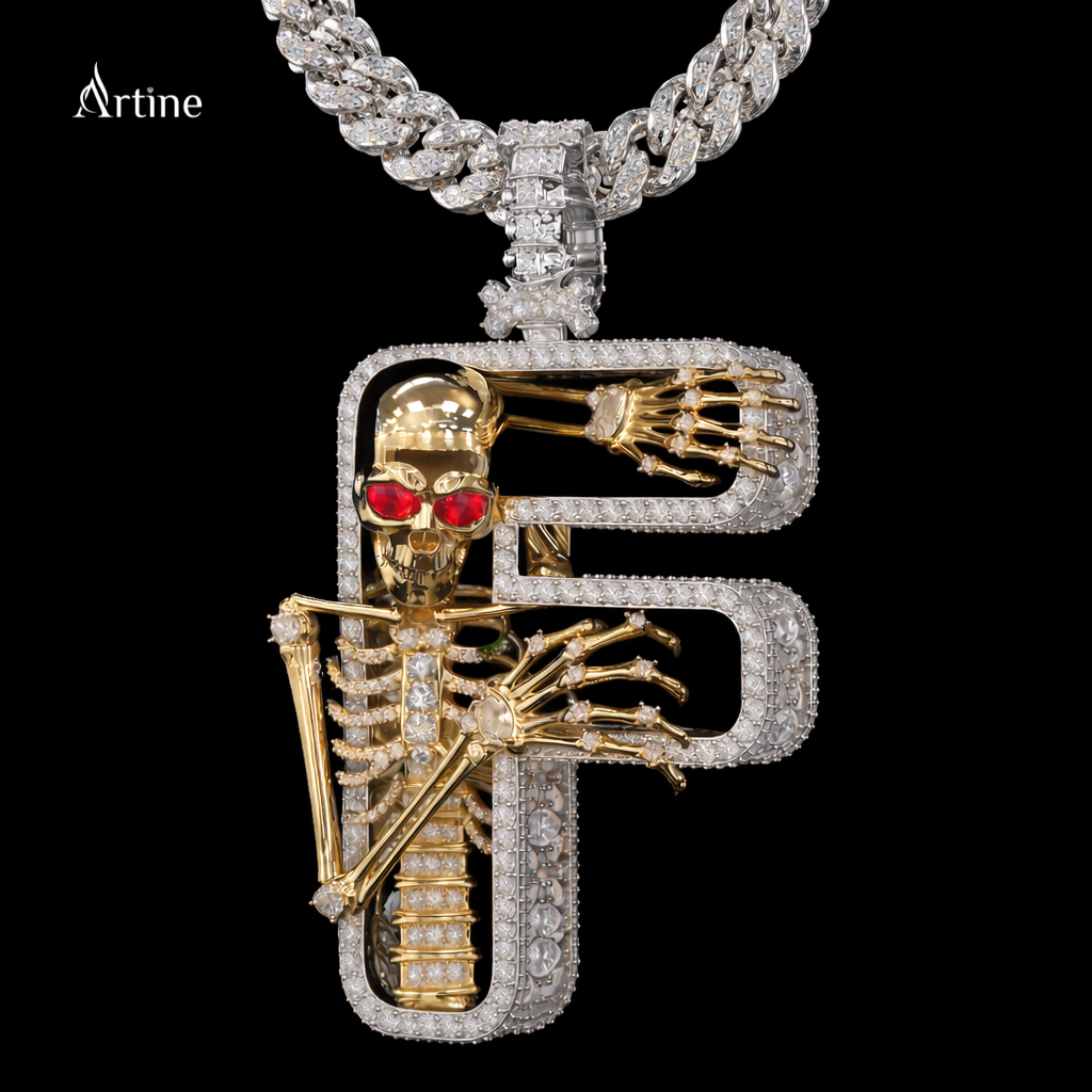 Iced Skull Serpent “F” Pendant – Red Ruby Eyes Hip Hop Diamond Letter Charm