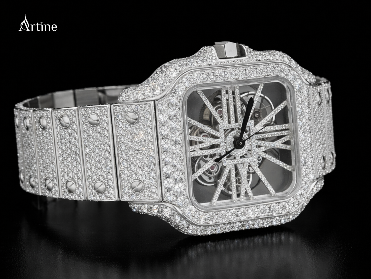 Diamond-Studded Skeleton Luxury Timepiece on Black