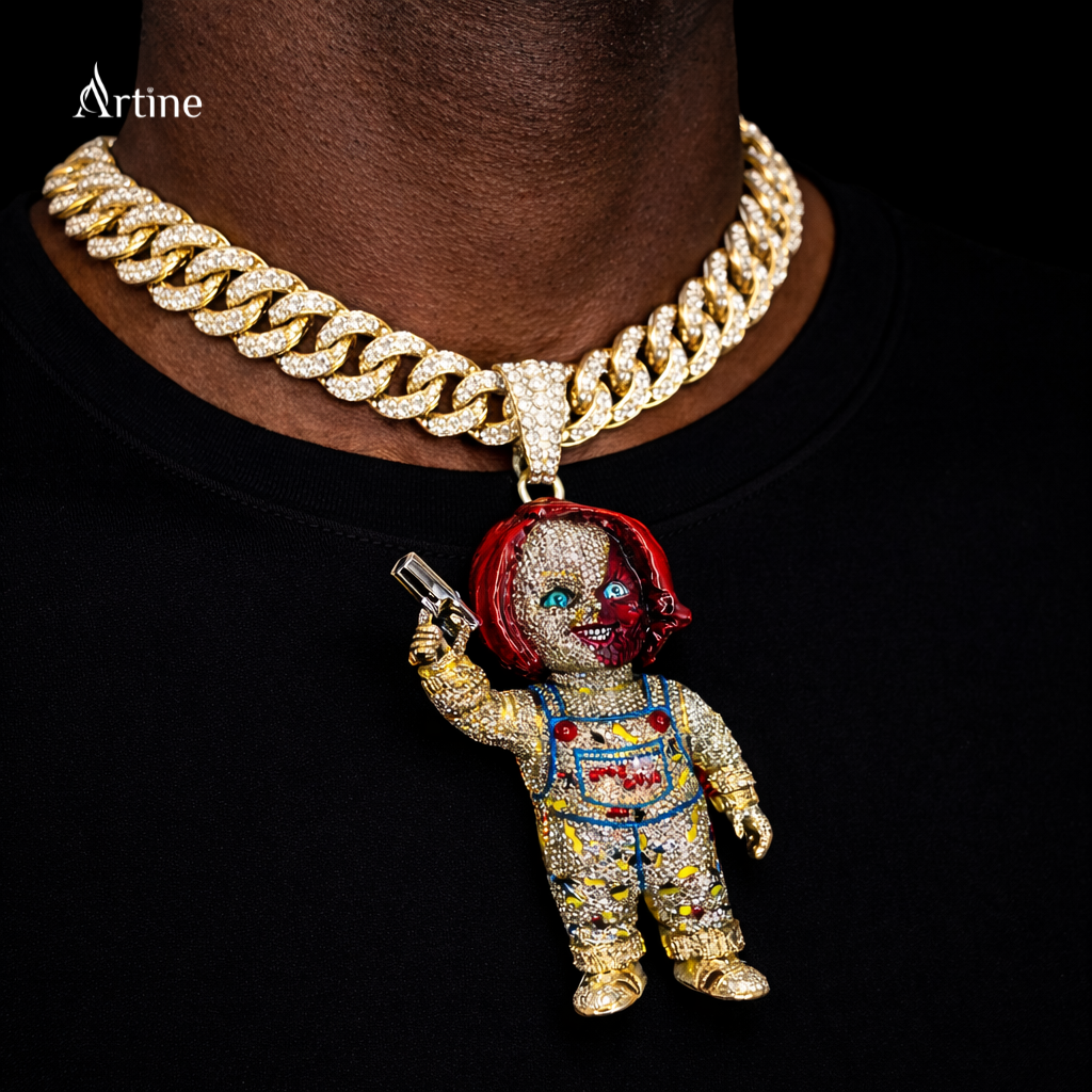 Iced Crowned Rebel Doll Pendant – Rose Gold Bling Statement Charm