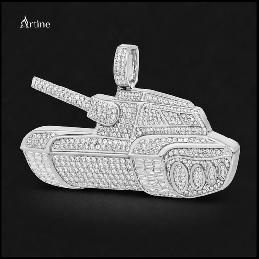 Iced silver Tank Pendant – Fully Bling Military Statement Charm