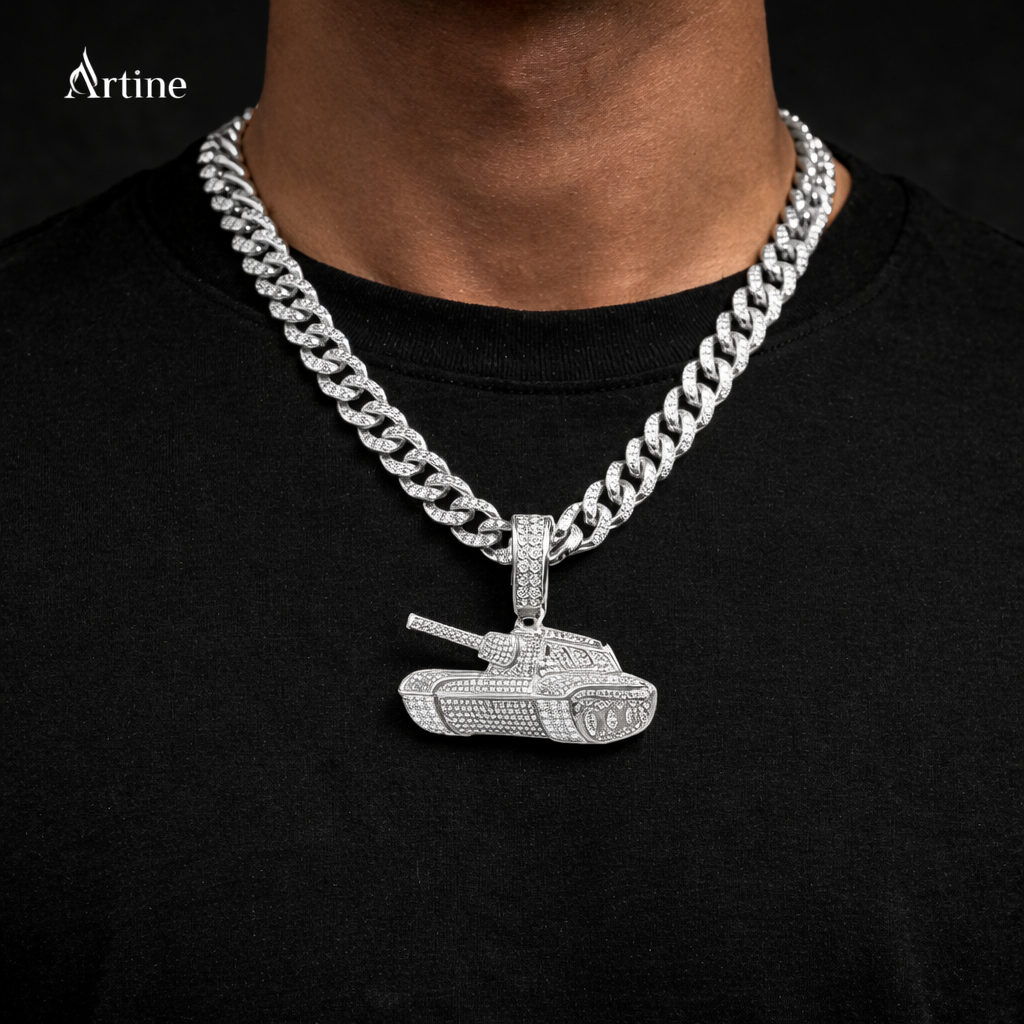 Iced silver Tank Pendant – Fully Bling Military Statement Charm