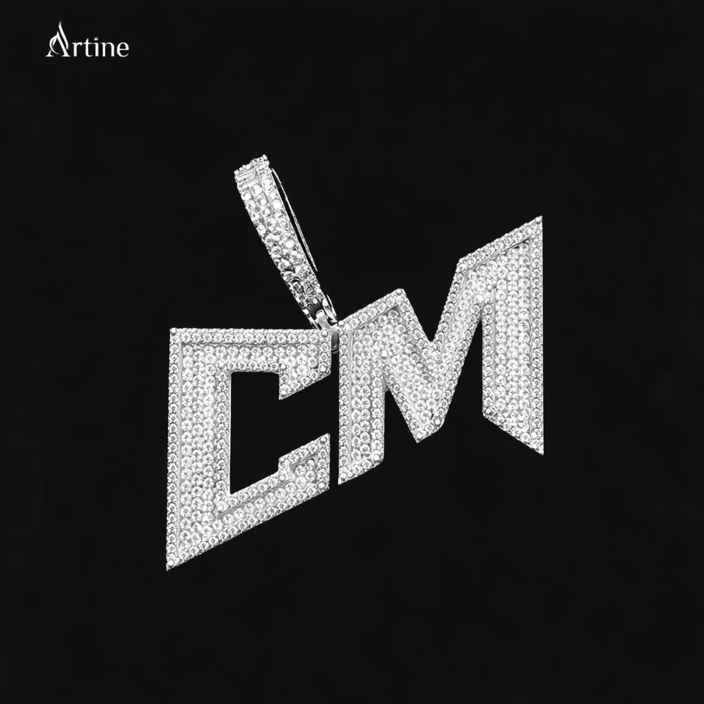 Iced “CM” Initial Pendant – 925 Silver Moissanite Custom Hip-Hop Letter Charm