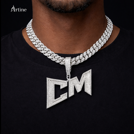 Iced “CM” Initial Pendant – 925 Silver Moissanite Custom Hip-Hop Letter Charm
