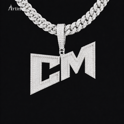 Iced “CM” Initial Pendant – 925 Silver Moissanite Custom Hip-Hop Letter Charm