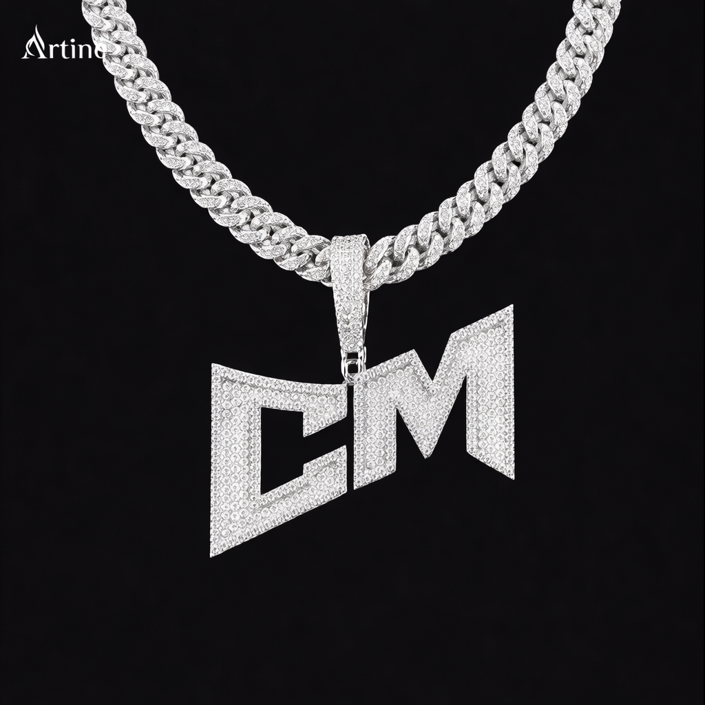 Iced “CM” Initial Pendant – 925 Silver Moissanite Custom Hip-Hop Letter Charm