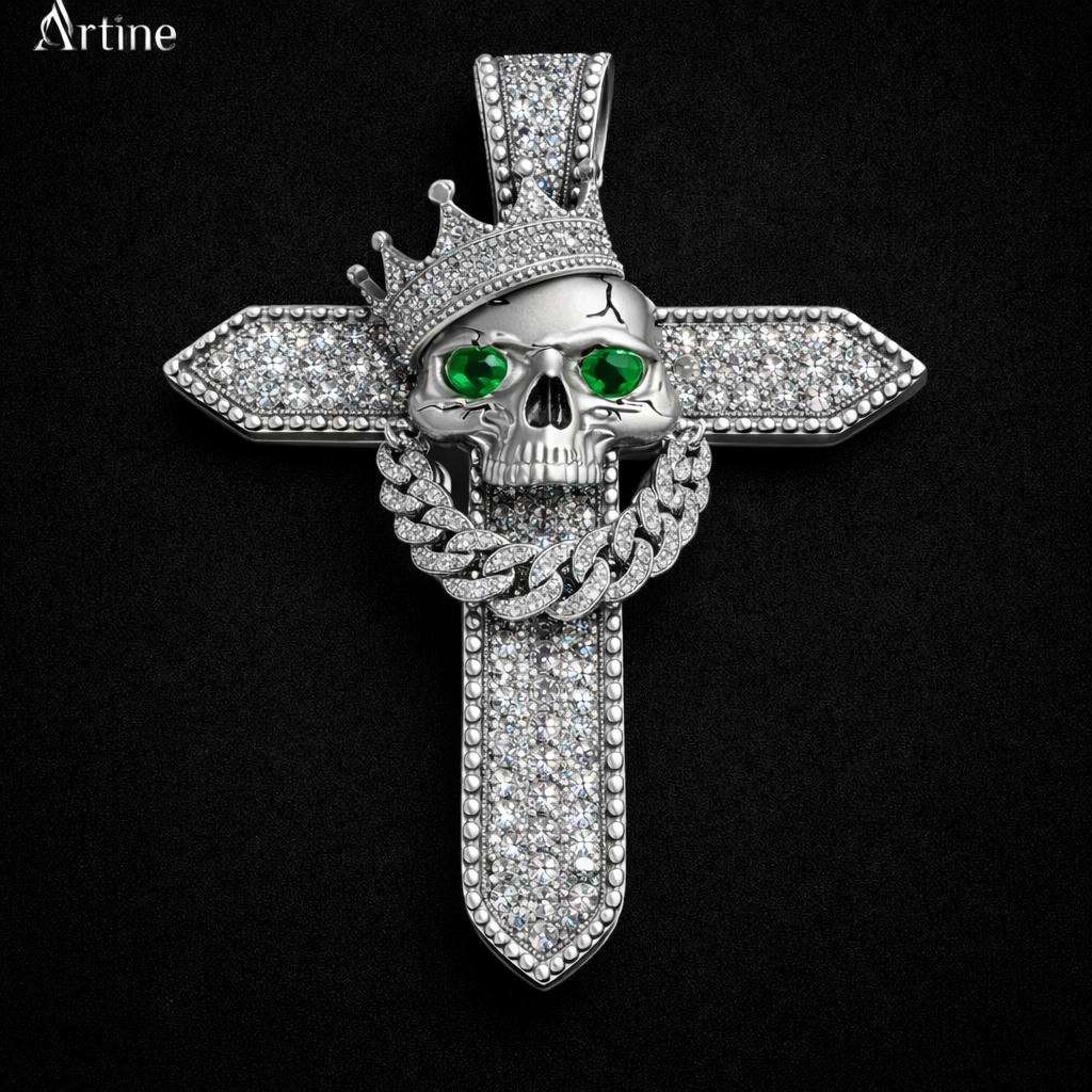Iced Skull Cross Pendant – Emerald Eye Gothic Bling Charm