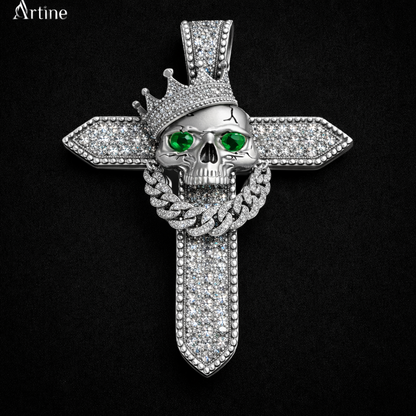 Iced Skull Cross Pendant – Emerald Eye Gothic Bling Charm