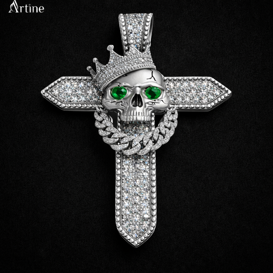 Iced Skull Cross Pendant – Emerald Eye Gothic Bling Charm