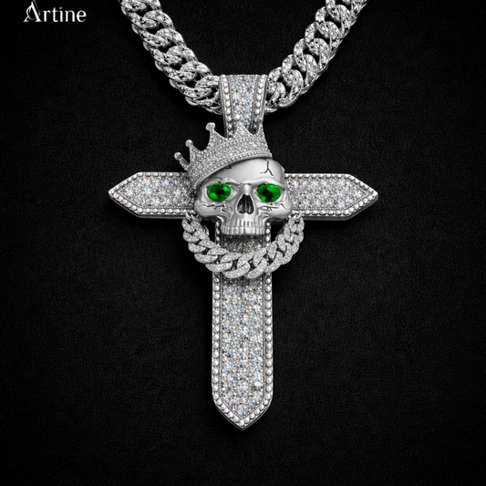 Iced Skull Cross Pendant – Emerald Eye Gothic Bling Charm