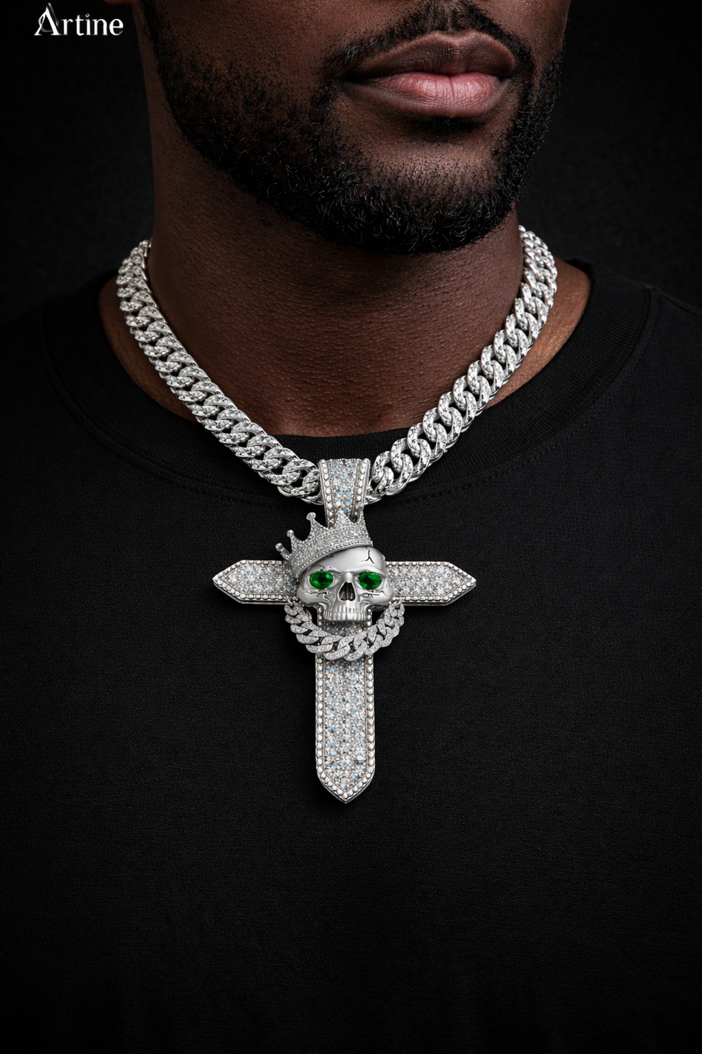 Iced Skull Cross Pendant – Emerald Eye Gothic Bling Charm