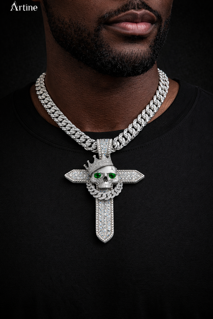 Iced Skull Cross Pendant – Emerald Eye Gothic Bling Charm
