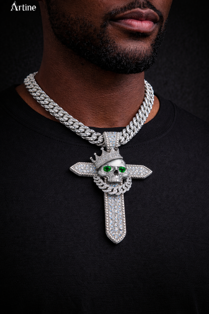 Iced Skull Cross Pendant – Emerald Eye Gothic Bling Charm