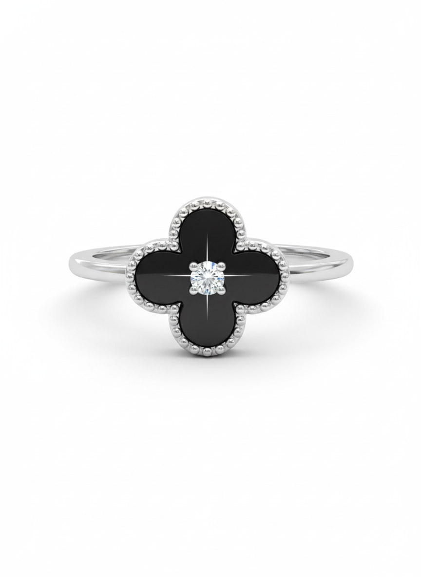 925 Silver Black Clover Ring with Zircon Center Stone