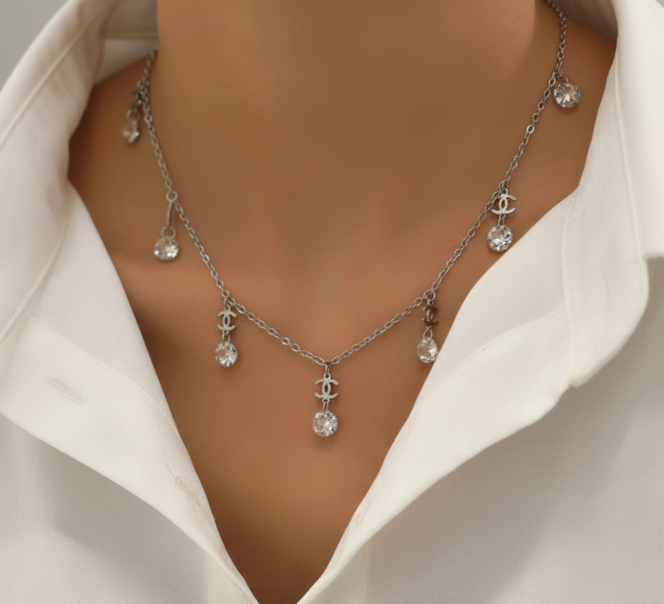 Elegant Silver Drop Necklace with Crystal Accents
