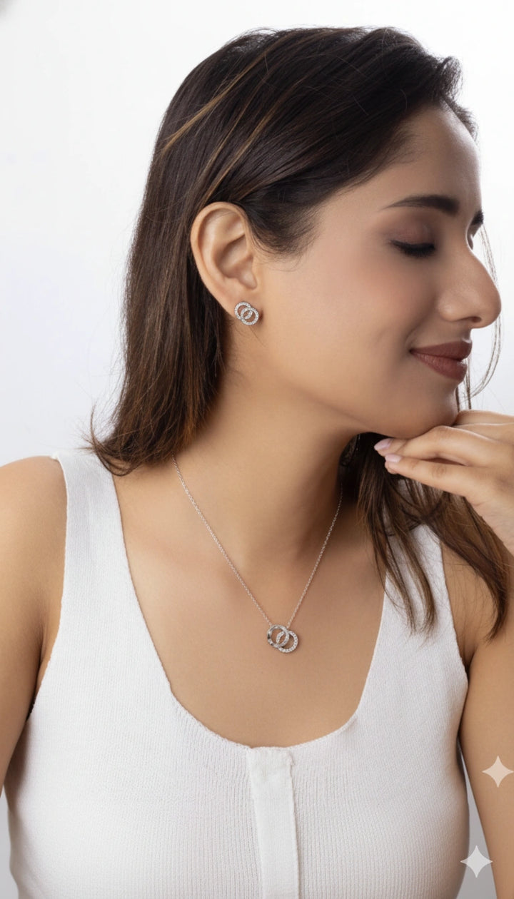 Modern Cubic Zirconia Pendant Necklace and Earring Set