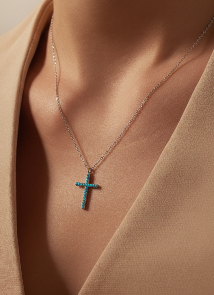 Cross Pendant Adorned With Turquoise Necklace