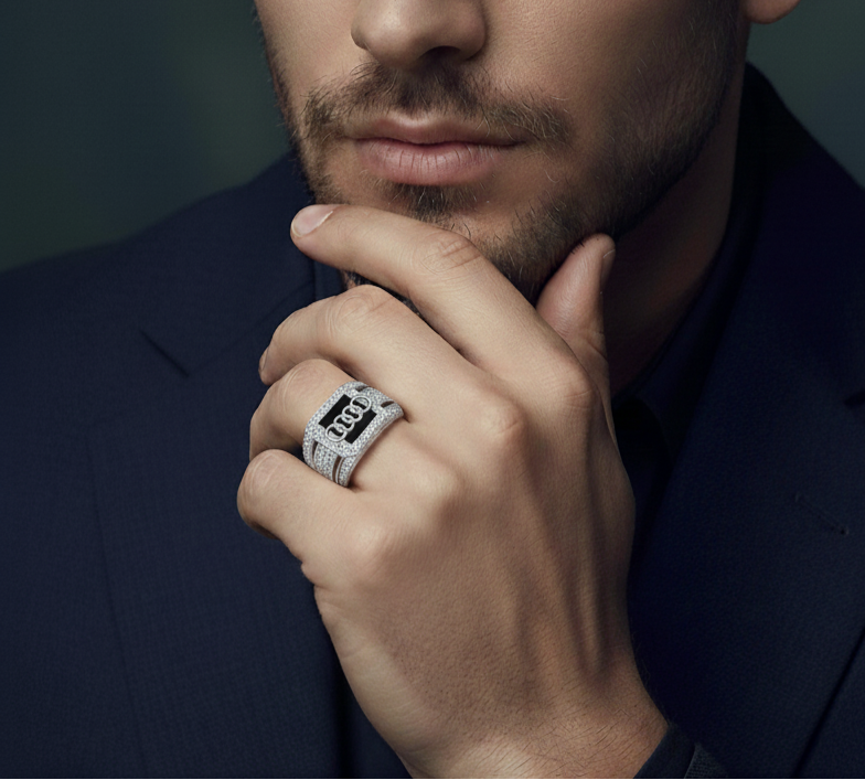 Black Stone Silver Ring for Men