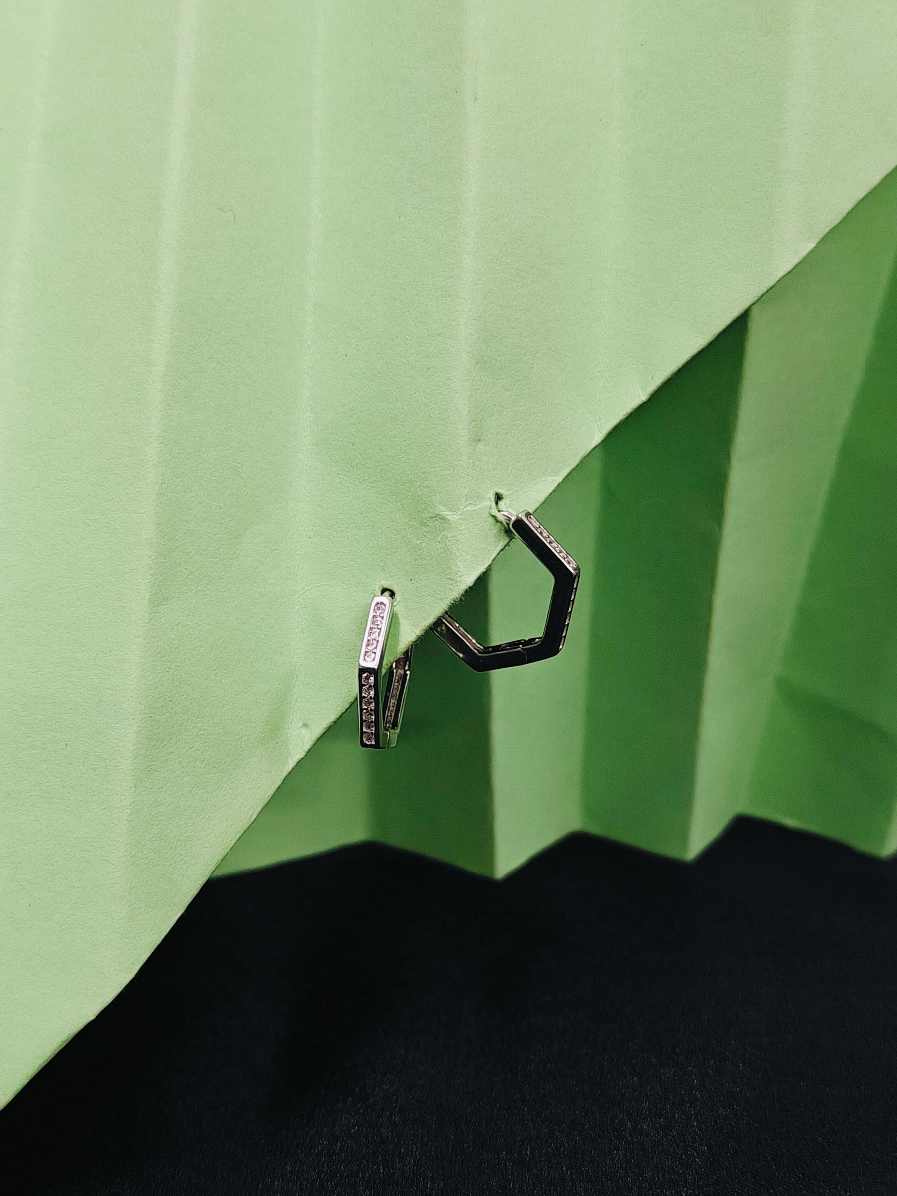Close-up of a green metal roof with a small black hook attached.