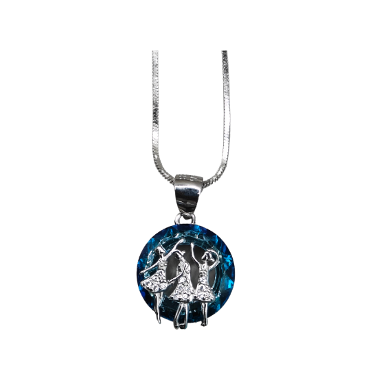 Silver necklace with a blue pendant featuring three women in dresses on a white background
