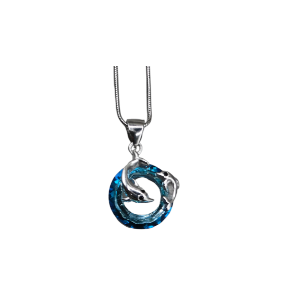 Necklace with a pendant of a dolphin in a wave on a white background