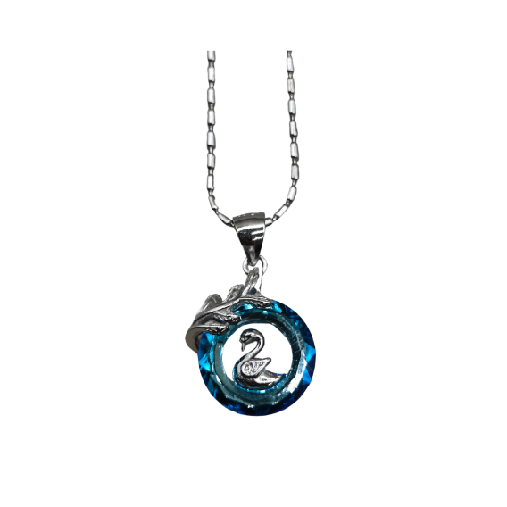 Necklace with a blue pendant featuring a swan design on a white background