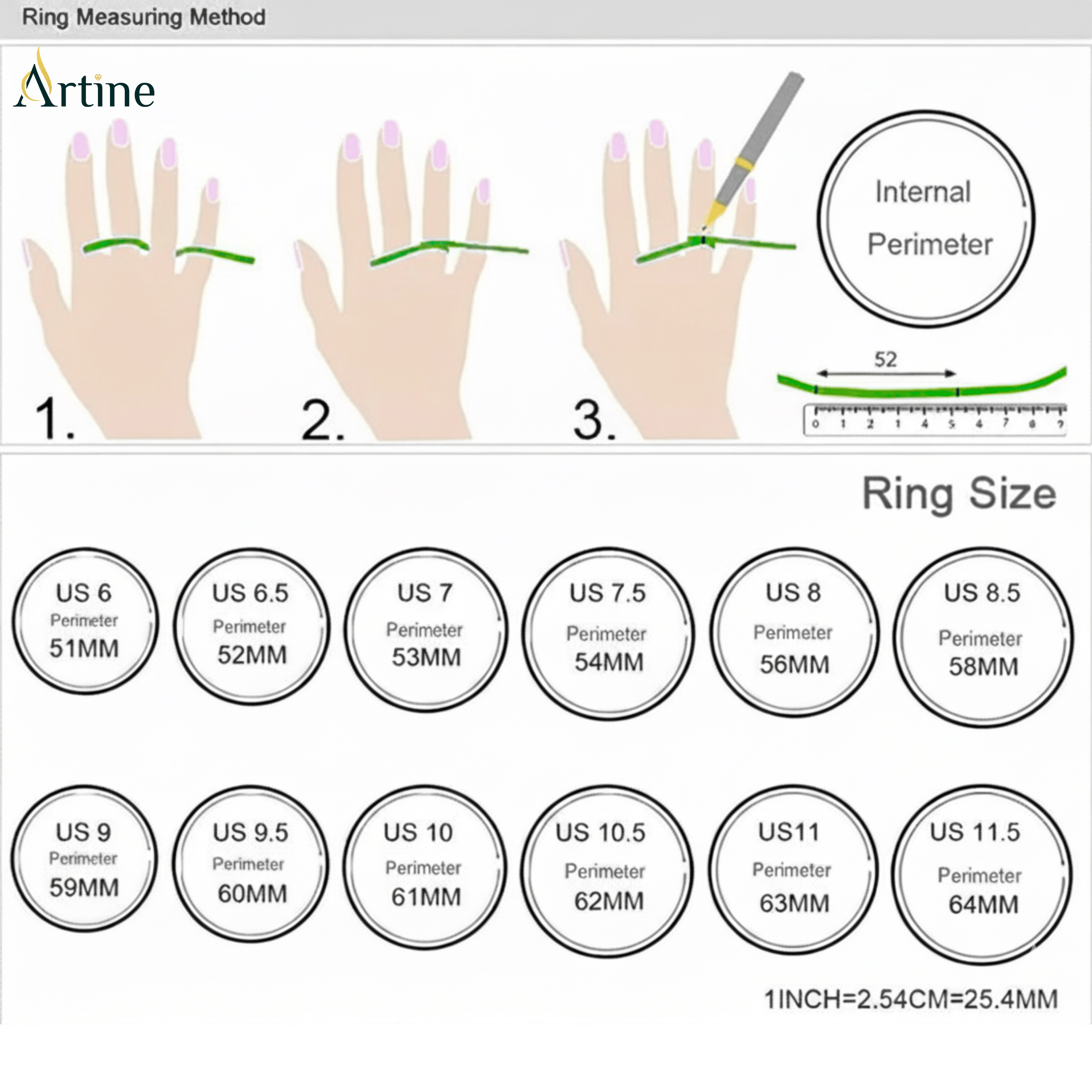 Ring measuring method chart by Artine with hand illustrations and ring size measurements.